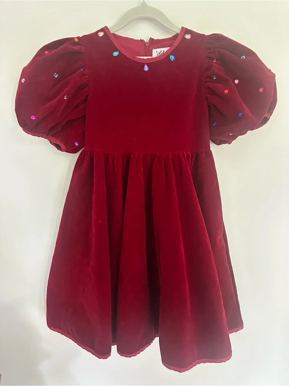 Lola & The Boys velvet rainbow gem burgundy puff sleeve Christmas dress 8